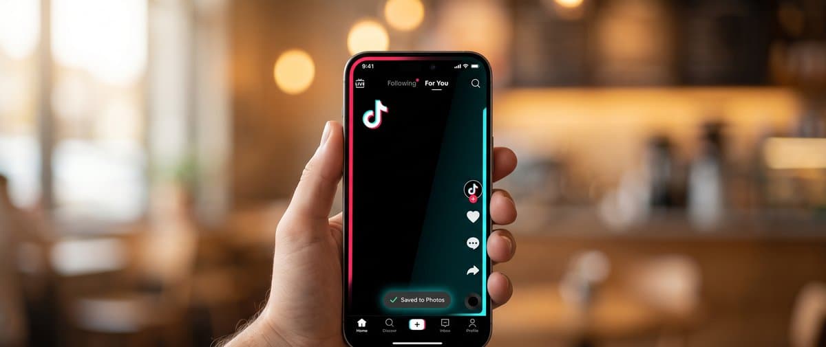 iPhone screen showing a TikTok video being saved to Camera Roll without watermark