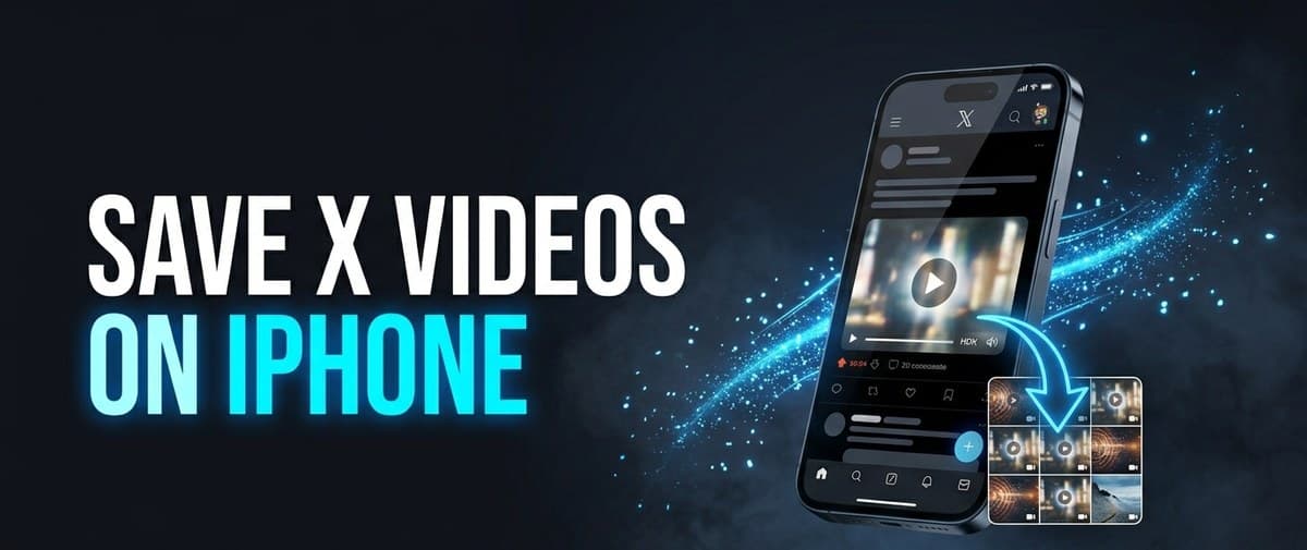 Save X videos on iPhone, a phone showing an X video saving into the Camera Roll