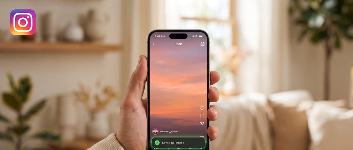 iPhone screen showing an Instagram Reel with a Saved to Photos confirmation toast indicating successful download