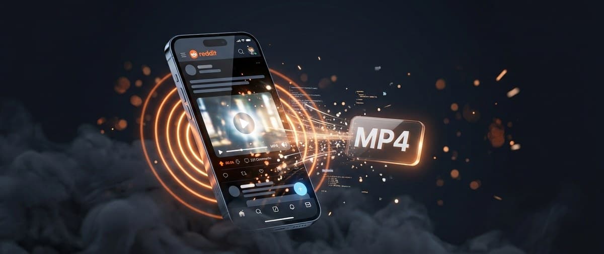 A phone playing a Reddit video with sound waves being saved as an MP4 file on a dark background
