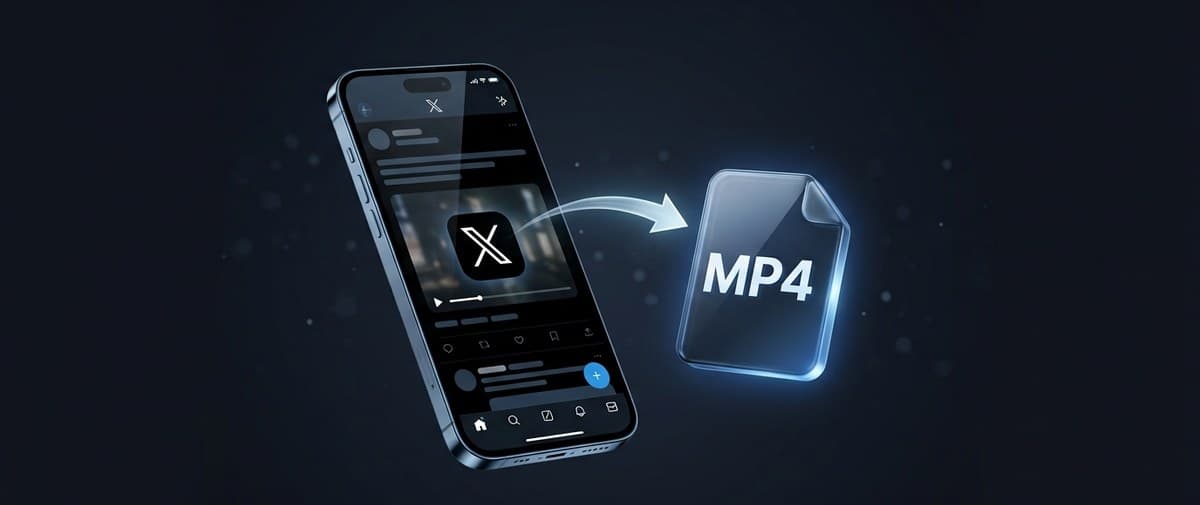 A phone showing an X video being saved as an MP4 file on a dark background