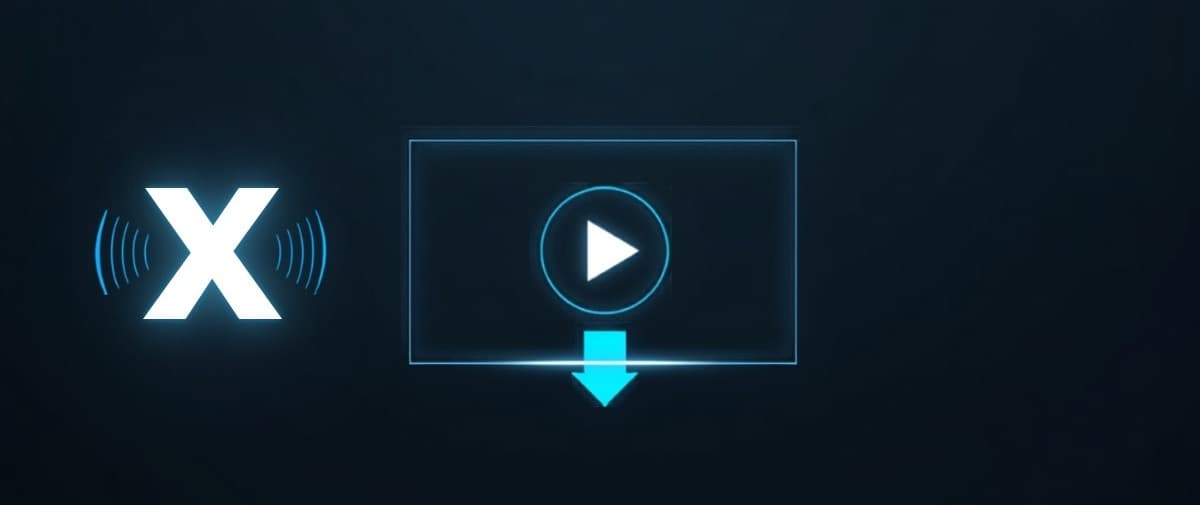 Downloading a Twitter / X video in HD with a video player and download arrow on a dark background